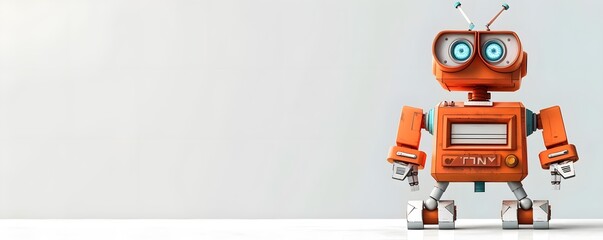 Fototapeta premium Cute orange robot with blue eyes standing in a minimalist setting. Perfect for tech, robotics, or AI-related content.