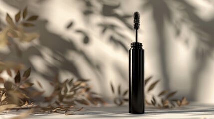 A detailed 3D render of a black mascara bottle against a beige and white background, emphasizing depth and contrast