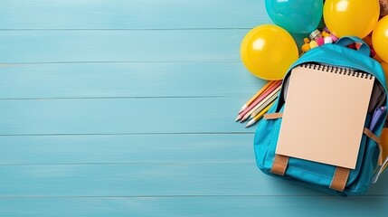 Blue wooden background for copy space with backpack, notebook, pencils, and yellow balloons on the right. Perfect for back-to-school themed designs and educational concepts.