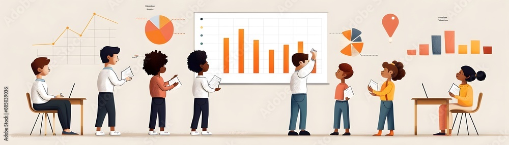 Poster illustration of a diverse team collaborating on a business presentation, analyzing graphs, and discu