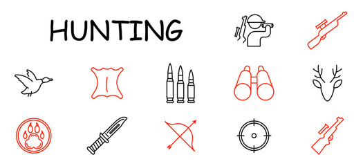 Hunting set icon. Hunter, rifle, bullets, binoculars, deer, duck, paw print, knife, bow, target, scope, hunting gear.