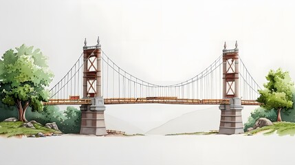 Fototapeta premium Illustration of a scenic suspension bridge over a river, surrounded by lush greenery and trees, capturing the tranquility of nature.