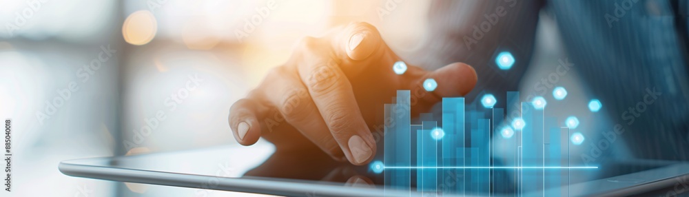 Poster close-up of a financial advisor pointing at a bar graph on a tablet screen, showcasing asset growth 