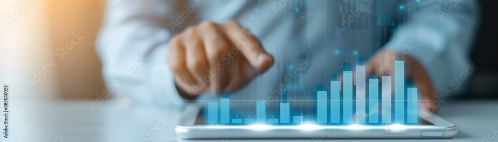 Poster close-up of a financial advisor pointing at a bar graph on a tablet screen, showcasing asset growth 