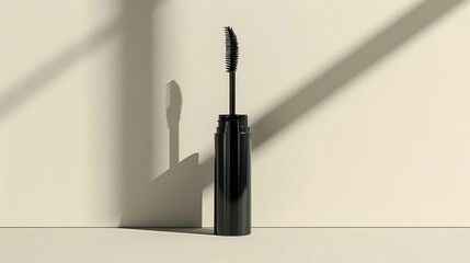 Naklejka premium 3D render of an ultra-realistic black mascara bottle, positioned on a flat white and beige background, with depth and contrast emphasized