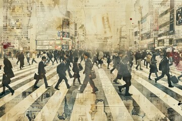 Shibuya people crossing crowd ephemera border backgrounds walking drawing.