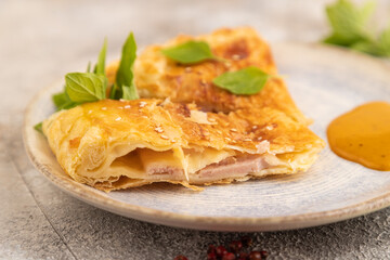 Fried homemade khachapuri cake with cheese and meat, fried in pan. Side view, selective focus