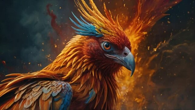 A phoenix shines with fiery hues. Its feathers are red, orange and gold, and it gives off a lot of heat. This painting is very realistic and shows every detail of the mythical creature. The colours an