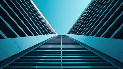 Looking up at a modern building with blue glass windows.