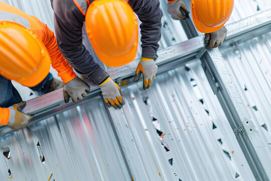 Construction workers installing metal roof deck