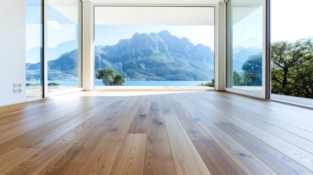 Bright and spacious room with wooden floor and big windows