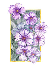 Purple fancy flowers in green grass in a gold frame isolated