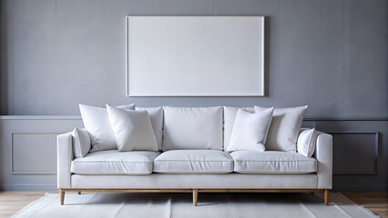 White sofa in a room with a frame.