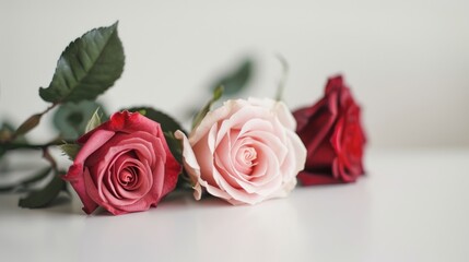 Fototapeta premium Three elegant roses for celebrations on white surface with one in focus two blurred Valentine s Day International Women s Day Horizontal image with room for text