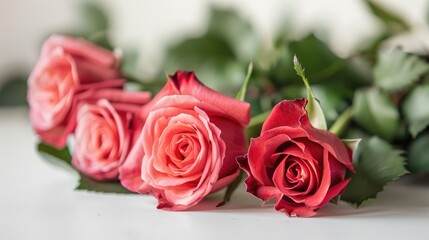 Three elegant roses for celebrations on white surface with one in focus two blurred Valentine s Day International Women s Day Horizontal image with room for text