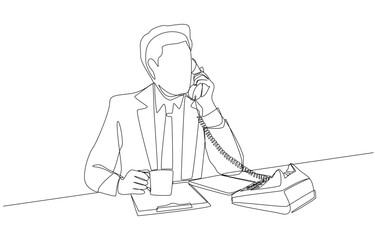Continuous one line drawing of businessman holding coffee cup and talking with client through office phone, business communication concept, single line art.
