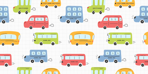 Seamless childish vector pattern with funny buses