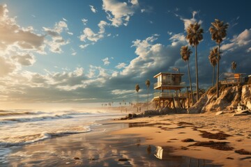 A lifeguard tower standing on a sunny beach.