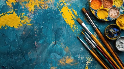 Obraz premium Top view of artist tools for creative leisure and painting hobby Back to school concept with copy space