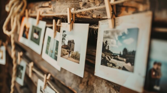 Hanging snapshots of joy, photo cards clipped on clothespins, celebrating life's precious memories
