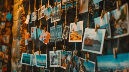 Memories captured and cherished, photo cards hang on clothespins, telling stories of moments past