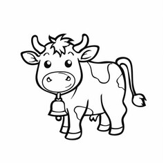Fototapeta premium A coloring page outline of a cartoon cow with a bell, a fun farm animal coloring book for kids