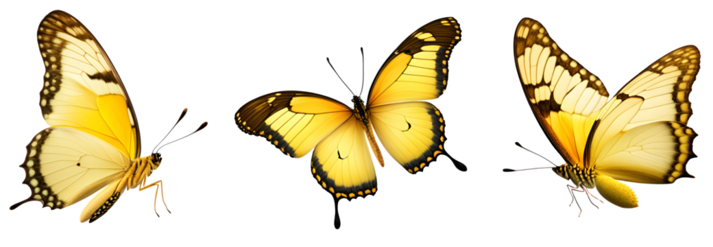 Conjunto de lindas borboletas amarelas voando isolado em fundo transparente