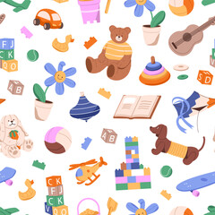 Repeatable pattern of kindergarten toys. Endless background with cute teddy for babies, kids cars, childrens books, childish games, funs. Funny backdrop for nursery. Flat seamless vector illustration