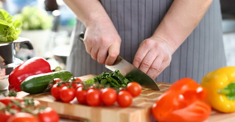 Close-up of man chef cutting greenery on wooden board, add ripe vegetable to salad. Person follow...