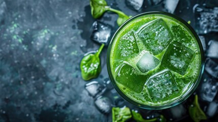 Top view of homemade green juice with ice cubes for refreshment made with healthy vegetables Shot in a studio