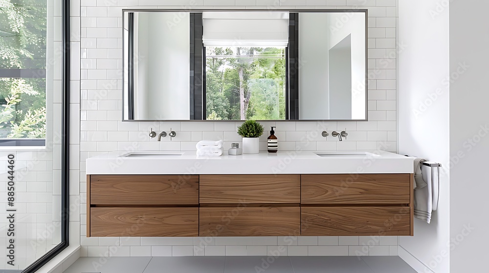 Poster a minimalist small bathroom with a floating walnut vanity showcasing clean lines and organized drawe