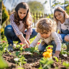 Parents and kids gardening together, planting flowers, outdoor activity, nurturing