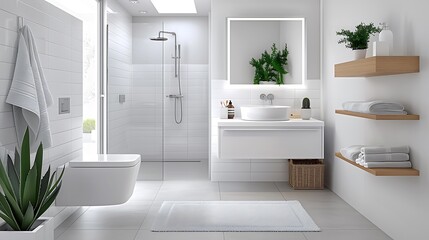 A bright and airy small bathroom featuring a skylight bathing the interior in natural light. White subway tiles with dark grout create a timeless backdrop for a compact floating vanity with open