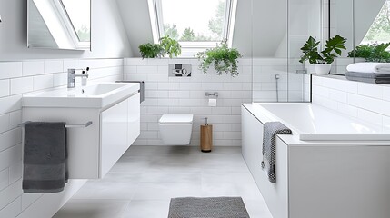 A bright and airy small bathroom featuring a skylight bathing the interior in natural light. White subway tiles with dark grout create a timeless backdrop for a compact floating vanity with open