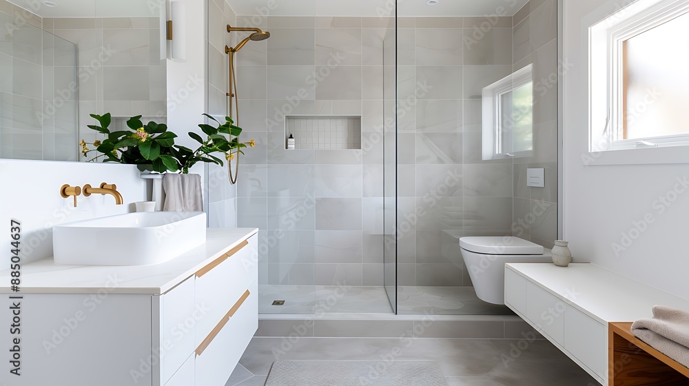 Poster elegant small bathroom with hexagonal marble tiles, floating sink, built-in mirror with led backligh