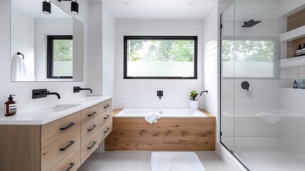 Modern small bathroom remodel featuring sleek white subway tiles, floating vanity with wood finish, frameless glass shower, black matte fixtures, and open shelving for storage, natural light through