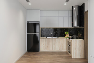 Light kitchen set interior with shelves and fridge, parquet floor
