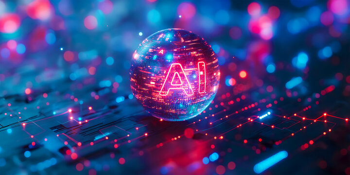 A round ball with AI text is one example of the use of artificial intelligence banner technology based on data science and innovation in Internet cyberspace.
