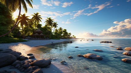 Tropical beach with palm trees and clear blue water under a sunny sky.
