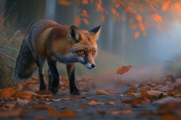 A curious fox exploring a misty forest at dawn, its bright eyes peeking through the morning fog as it walks along a path lined with fallen leaves.