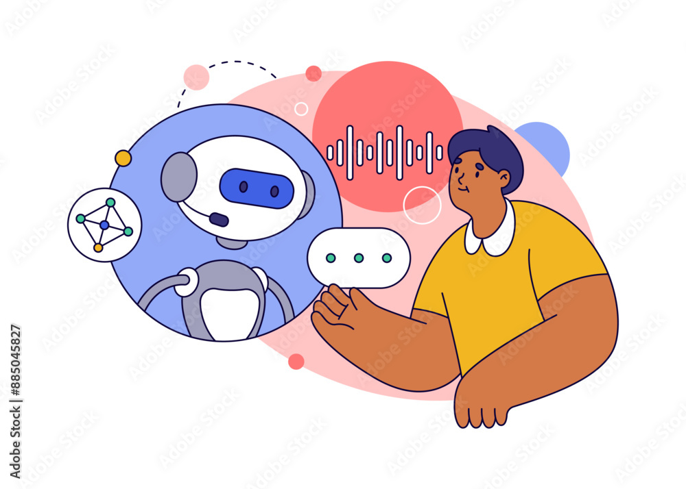 Aufkleber Voice assistance with audio recognition function. Vector flat chatbot virtual personal helper based on artificial intelligence. Application for phones and laptops for work