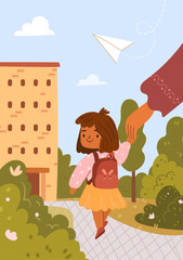 Happy kid is going to school for the first time. Child girl with bag holding parents hand go to elementary or primary school. Pupil go study with backpack, flat cartoon vector illustration
