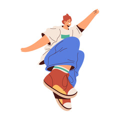 Cheerful or excited teenager boy jumping and running from happiness. Vector flat cartoon character expressing emotions, raising leg and arms up. Positive gesture movements and walk