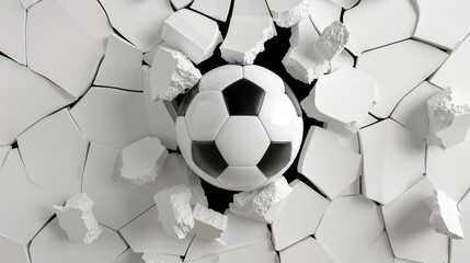 The ball is partially embedded in the wall, with debris and cracks radiating outward, creating a sense of explosive action.