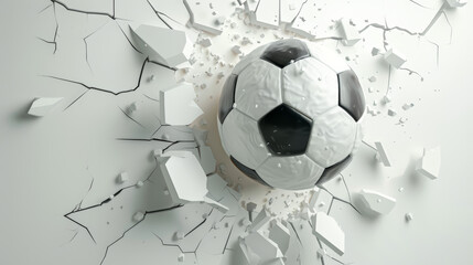 The ball is partially embedded in the wall, with debris and cracks radiating outward, creating a sense of explosive action.