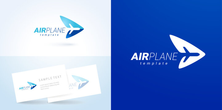 Airplane logo fly takeoff plane action silhouette curves vector blue background