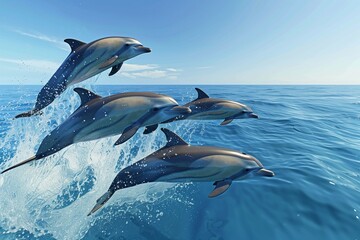 Naklejka premium A group of dolphins leaping out of the crystal-clear ocean, their sleek bodies glistening in the sunlight against a backdrop of deep blue water and a cloudless sky.