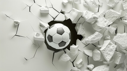 The ball is partially embedded in the wall, with debris and cracks radiating outward, creating a sense of explosive action.