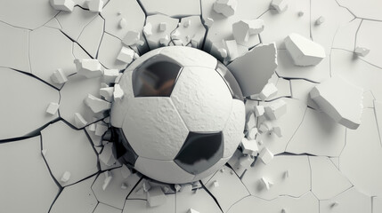 The ball is partially embedded in the wall, with debris and cracks radiating outward, creating a sense of explosive action.