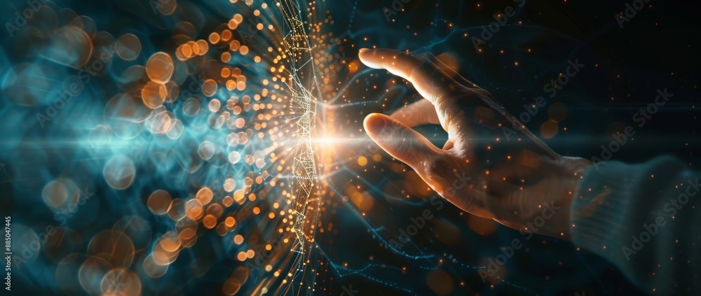 Fototapete The next generation of technology is connected to innovation in a whole new way through the use of a modern hand-touch interface combining digital transformation and metaverse concepts.